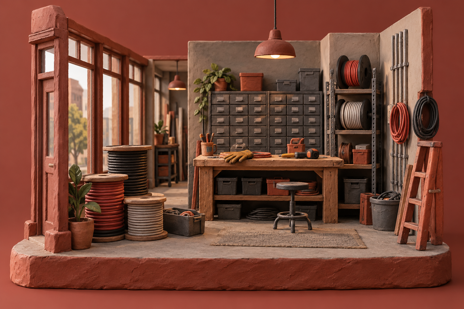 Illustration of electrical contractor preparation room: unmarked parts drawers, work gloves, cable reels