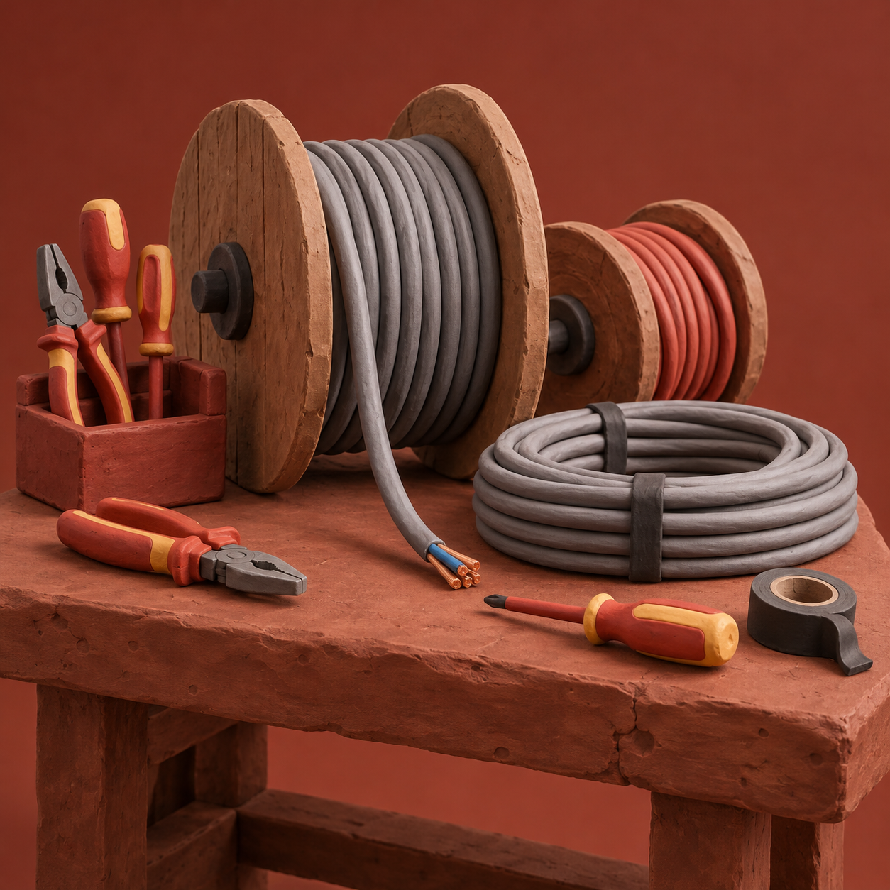 Illustration of electrical contractor preparation room: cable reels, coiled unpowered cable, insulated tools