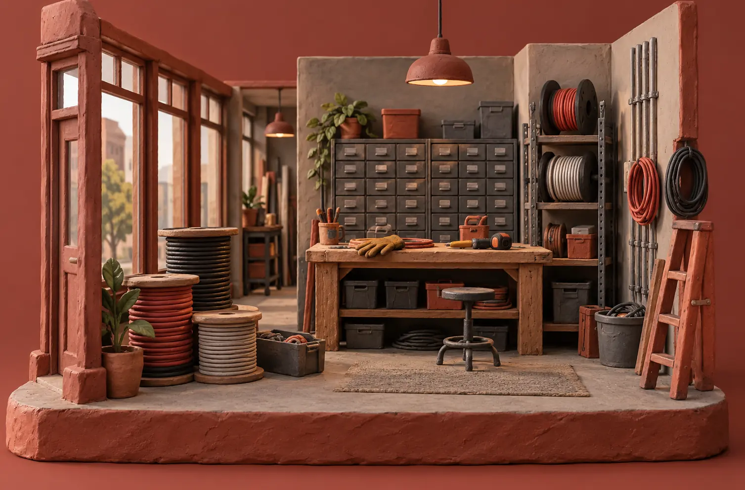 Illustration of electrical contractors and their working space